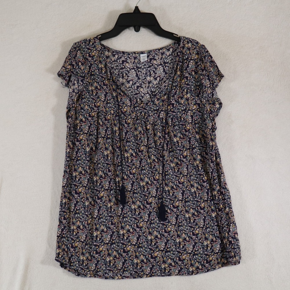 Old Navy Women's Size M Navy Floral Boho Swing Top V-Neck Tassel Tie Casual